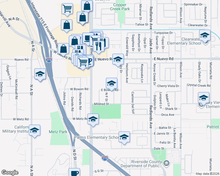 map of restaurants, bars, coffee shops, grocery stores, and more near 132 East Bowen Road in Perris