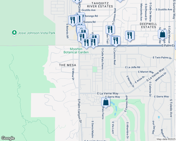 map of restaurants, bars, coffee shops, grocery stores, and more near 8 Bali Drive in Palm Springs