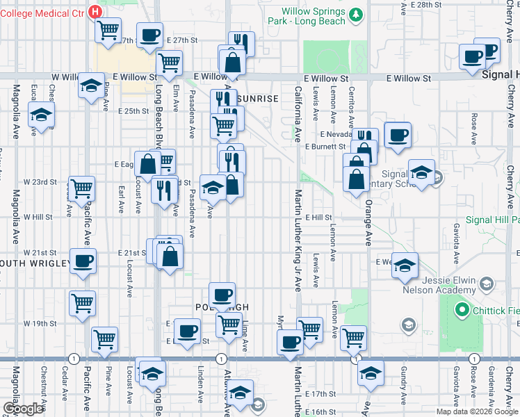 map of restaurants, bars, coffee shops, grocery stores, and more near 2225 Olive Avenue in Long Beach