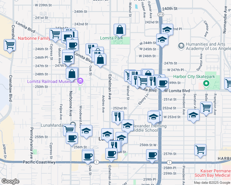 map of restaurants, bars, coffee shops, grocery stores, and more near 25018 Eshelman Avenue in Lomita