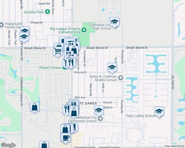 map of restaurants, bars, coffee shops, grocery stores, and more near 69220 Victoria Drive in Cathedral City