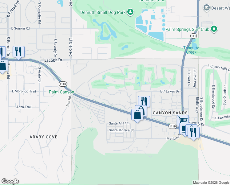 map of restaurants, bars, coffee shops, grocery stores, and more near 375 Desert Lakes Drive in Palm Springs
