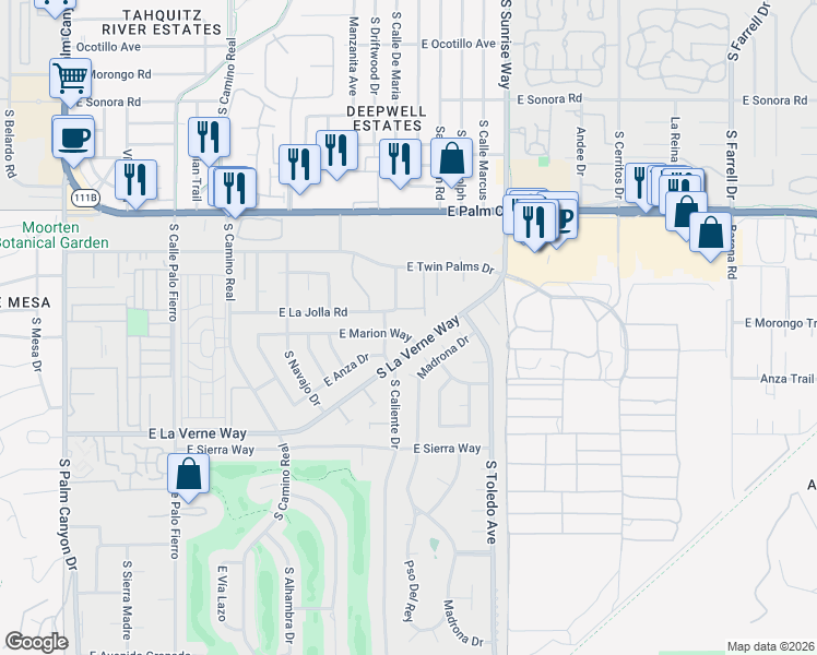 map of restaurants, bars, coffee shops, grocery stores, and more near 1487 Via Isla in Palm Springs