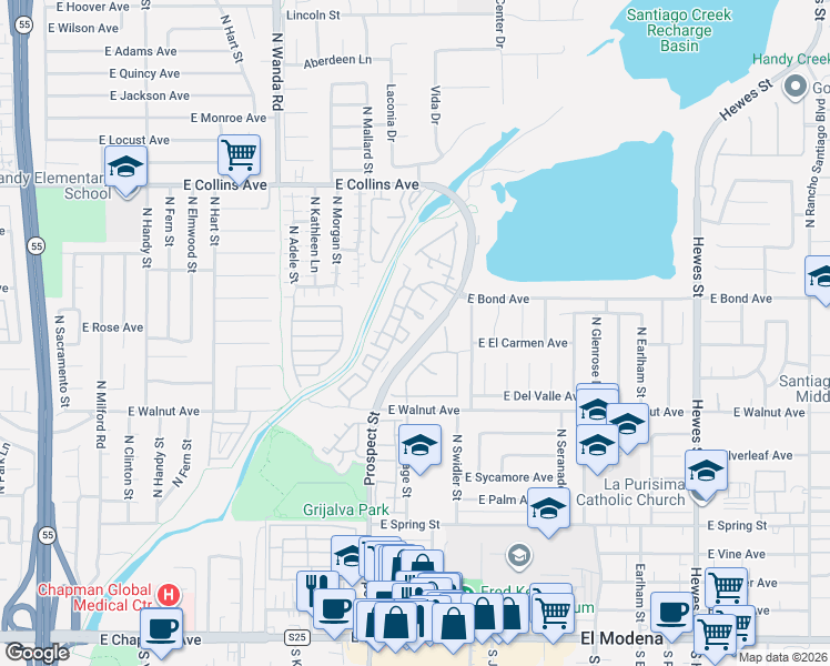 map of restaurants, bars, coffee shops, grocery stores, and more near 3445 East White Chapel Court in Orange
