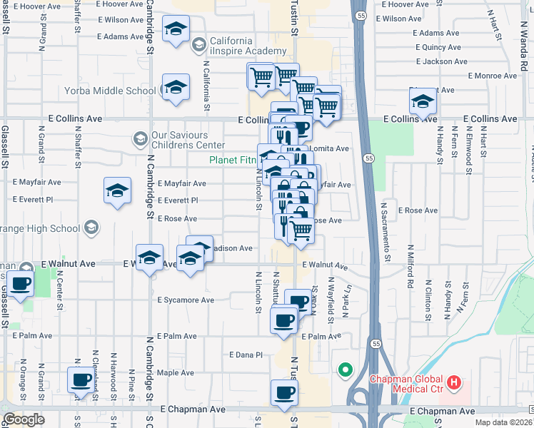 map of restaurants, bars, coffee shops, grocery stores, and more near 1524 East Everett Place in Orange