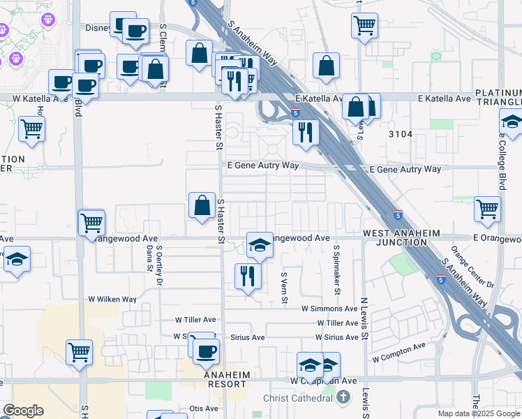 map of restaurants, bars, coffee shops, grocery stores, and more near 146 East Leatrice Lane in Anaheim