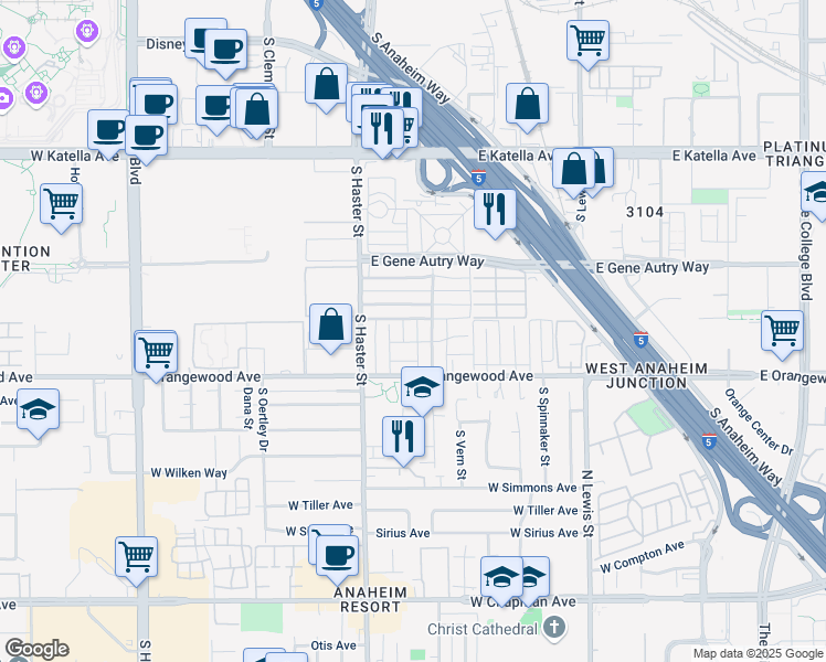 map of restaurants, bars, coffee shops, grocery stores, and more near 146 East Leatrice Lane in Anaheim