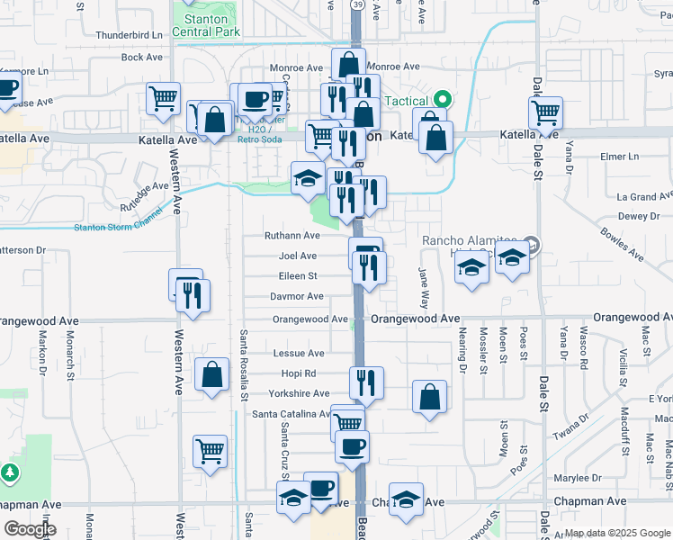 map of restaurants, bars, coffee shops, grocery stores, and more near 7882 Joel Avenue in Stanton