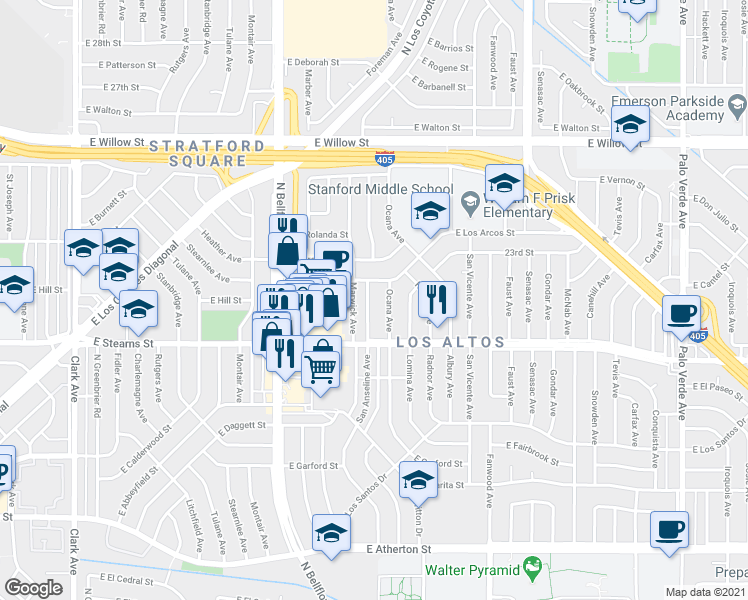 map of restaurants, bars, coffee shops, grocery stores, and more near 2266 Ocana Avenue in Long Beach