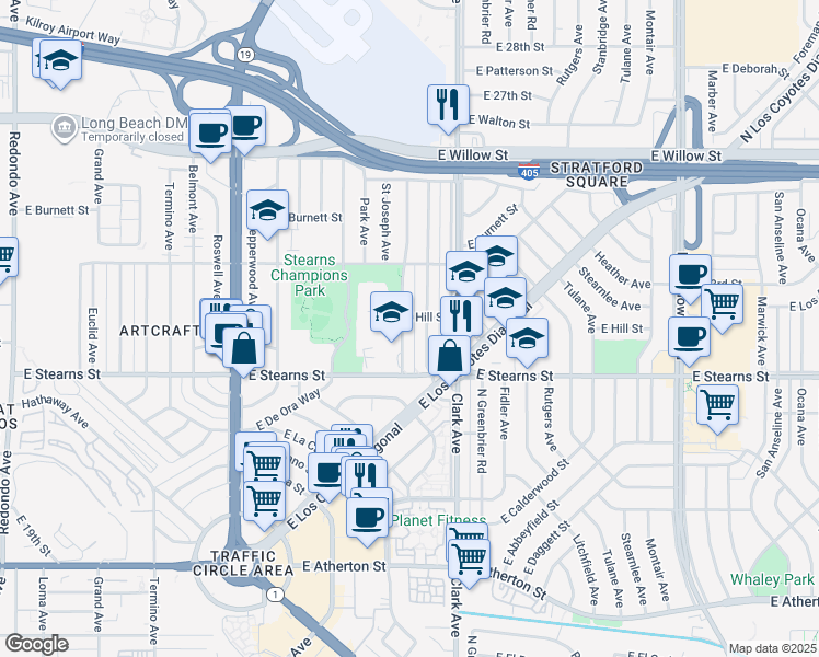 map of restaurants, bars, coffee shops, grocery stores, and more near 2247 Granada Avenue in Long Beach