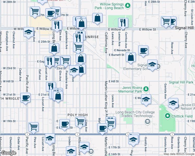 map of restaurants, bars, coffee shops, grocery stores, and more near 2249 Myrtle Avenue in Long Beach