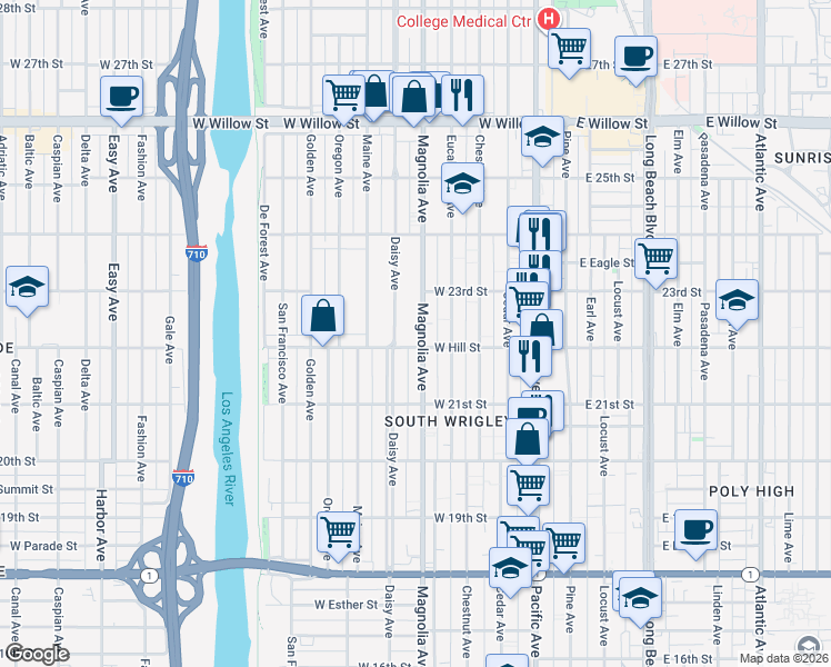 map of restaurants, bars, coffee shops, grocery stores, and more near 2245 Magnolia Avenue in Long Beach