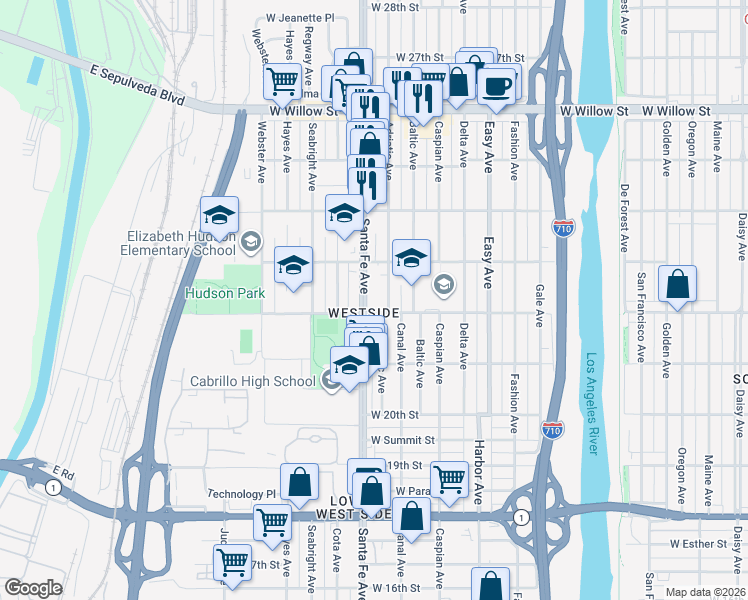 map of restaurants, bars, coffee shops, grocery stores, and more near 2232 Santa Fe Avenue in Long Beach