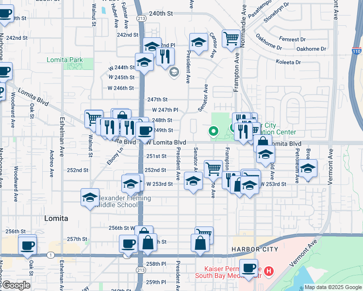 map of restaurants, bars, coffee shops, grocery stores, and more near 1535 Lomita Boulevard in Los Angeles
