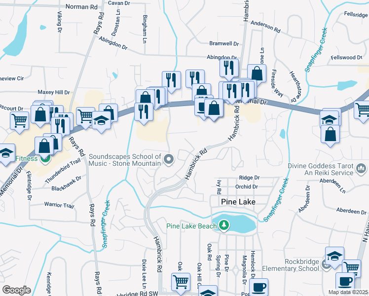 map of restaurants, bars, coffee shops, grocery stores, and more near 801 Windchase Lane in Stone Mountain