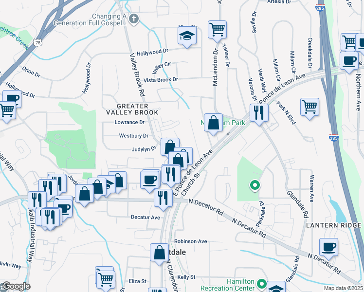 map of restaurants, bars, coffee shops, grocery stores, and more near 3482 East Ponce de Leon Avenue in Scottdale