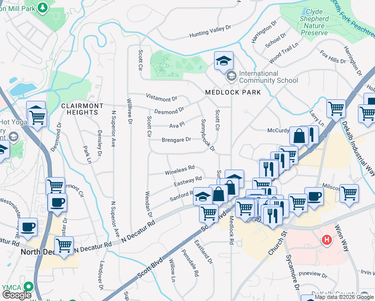map of restaurants, bars, coffee shops, grocery stores, and more near 2329 Brengare Drive in Decatur