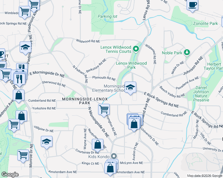 map of restaurants, bars, coffee shops, grocery stores, and more near 1590 West Sussex Road Northeast in Atlanta