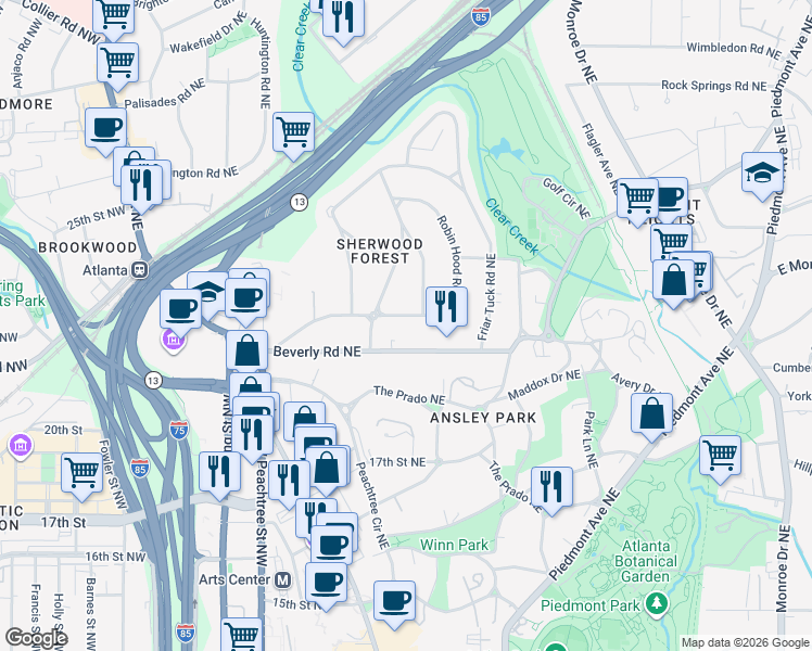 map of restaurants, bars, coffee shops, grocery stores, and more near 169 Robin Hood Road Northeast in Atlanta