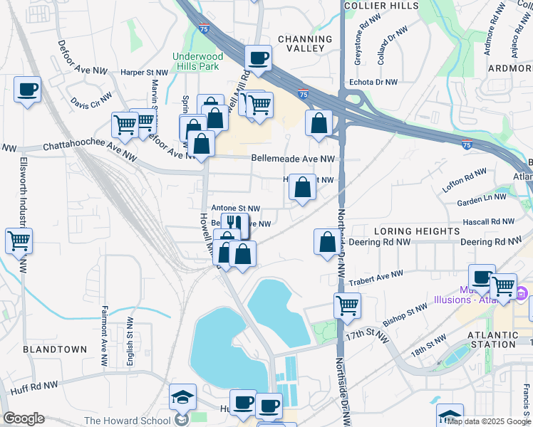 map of restaurants, bars, coffee shops, grocery stores, and more near 728 Antone Street Northwest in Atlanta