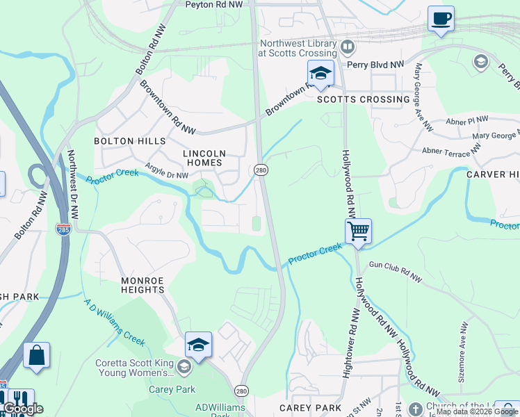map of restaurants, bars, coffee shops, grocery stores, and more near 1647 Jackson Way in Atlanta