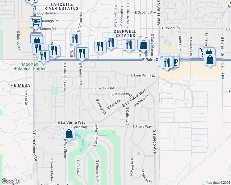 map of restaurants, bars, coffee shops, grocery stores, and more near 1160 East Marion Way in Palm Springs