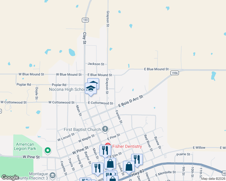 map of restaurants, bars, coffee shops, grocery stores, and more near 1005 Fannin Street in Nocona