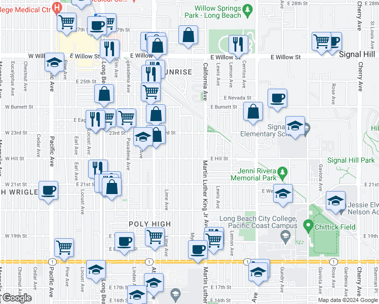 map of restaurants, bars, coffee shops, grocery stores, and more near 2223 Myrtle Avenue in Long Beach