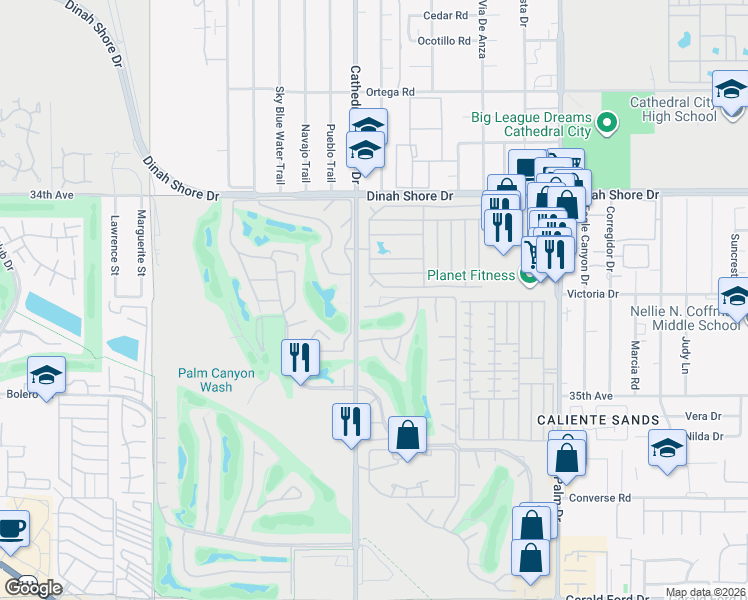 map of restaurants, bars, coffee shops, grocery stores, and more near 254 Coble Drive in Cathedral City