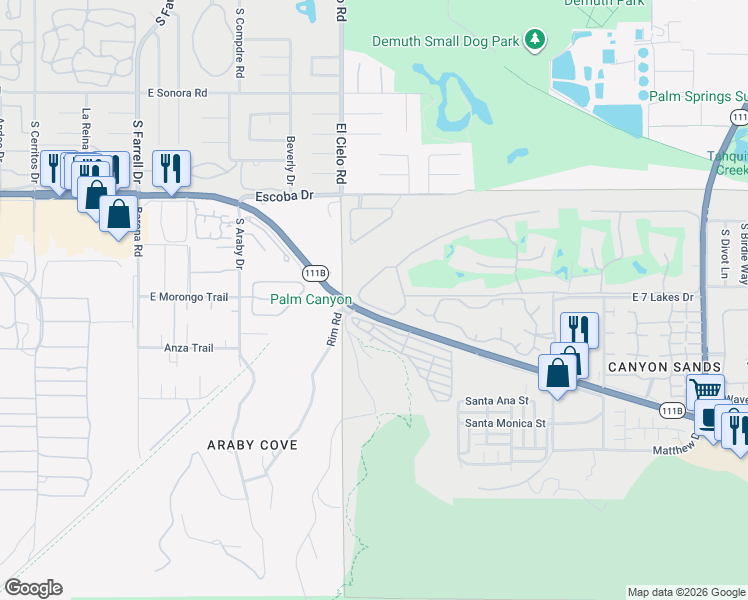map of restaurants, bars, coffee shops, grocery stores, and more near 469 Desert Lakes Drive in Palm Springs