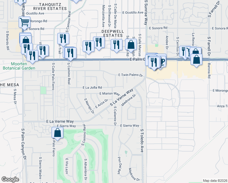 map of restaurants, bars, coffee shops, grocery stores, and more near 1245 East La Jolla Road in Palm Springs