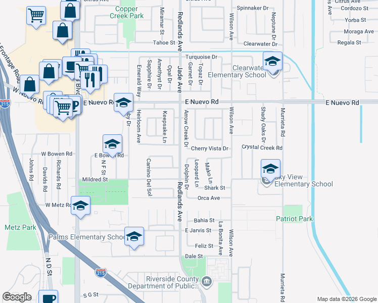 map of restaurants, bars, coffee shops, grocery stores, and more near 468 Cherry Vista Drive in Perris