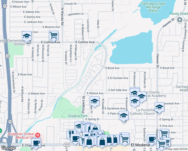 map of restaurants, bars, coffee shops, grocery stores, and more near 3445 East White Chapel Court in Orange