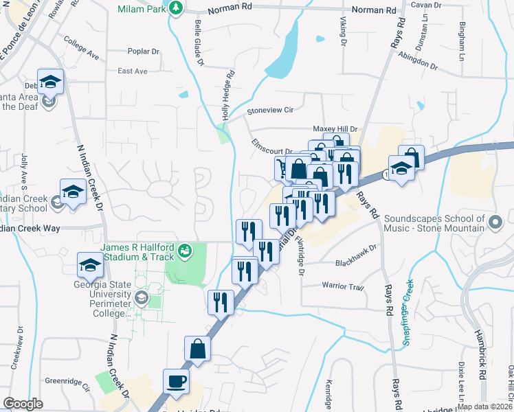 map of restaurants, bars, coffee shops, grocery stores, and more near 5154 Memorial Drive in Stone Mountain