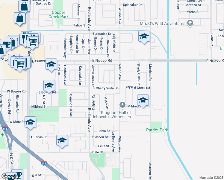 map of restaurants, bars, coffee shops, grocery stores, and more near 555 Cherry Vista Drive in Perris