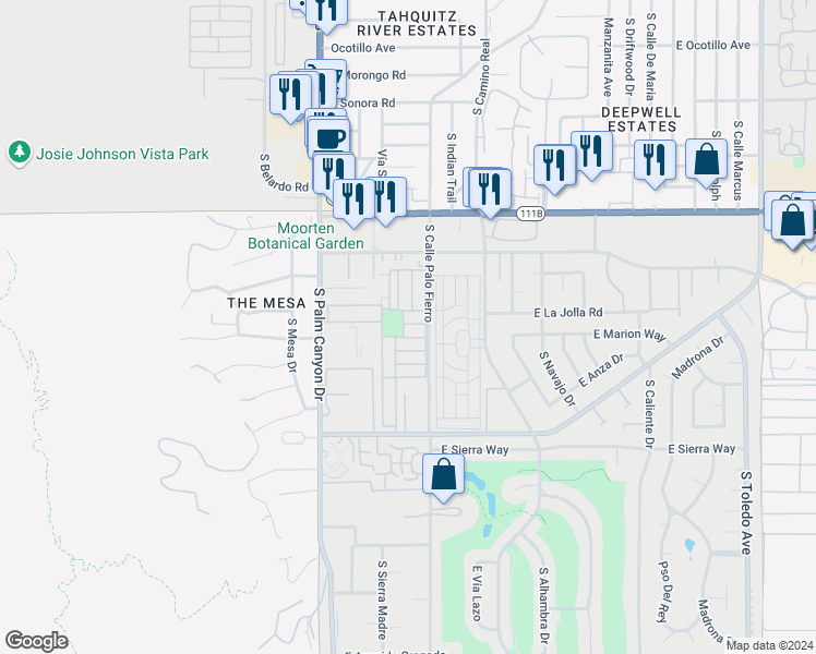 map of restaurants, bars, coffee shops, grocery stores, and more near 606 Bali Drive in Palm Springs