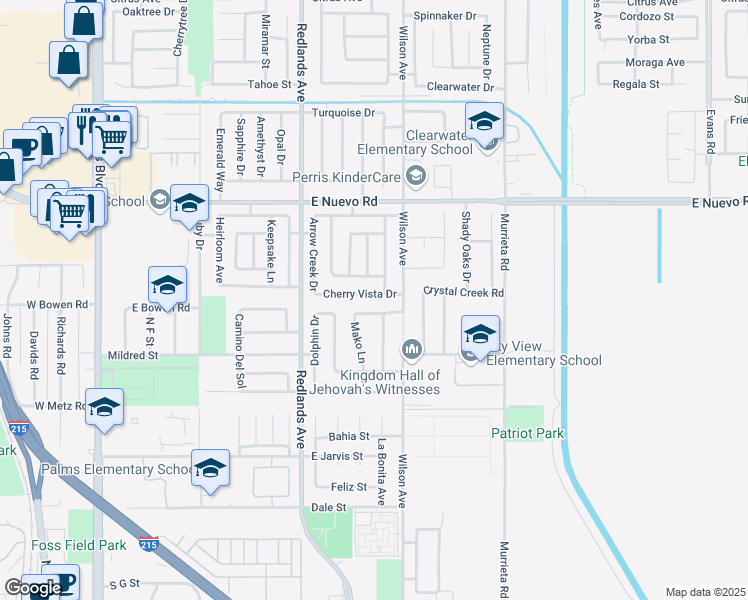 map of restaurants, bars, coffee shops, grocery stores, and more near 547 Cherry Vista Drive in Perris