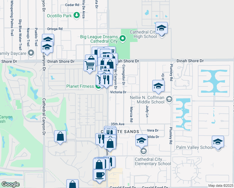 map of restaurants, bars, coffee shops, grocery stores, and more near 34530 Eagle Canyon Drive in Cathedral City