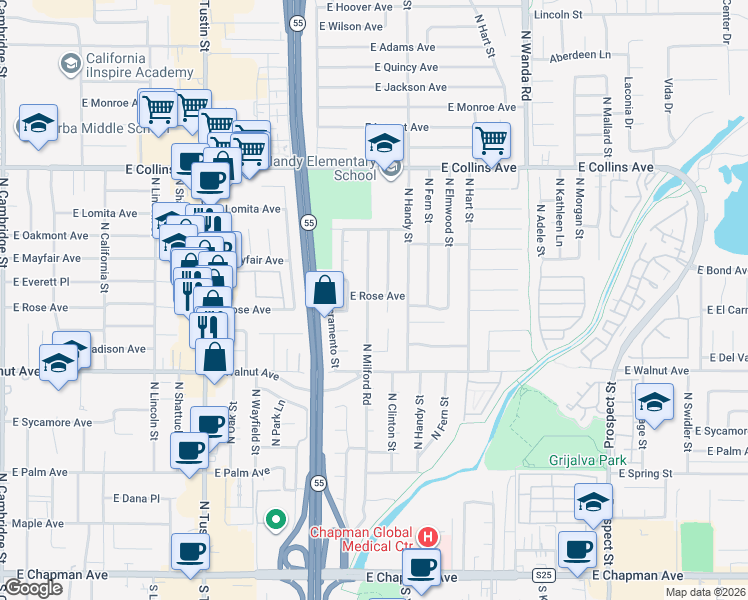 map of restaurants, bars, coffee shops, grocery stores, and more near 641 North Milford Road in Orange