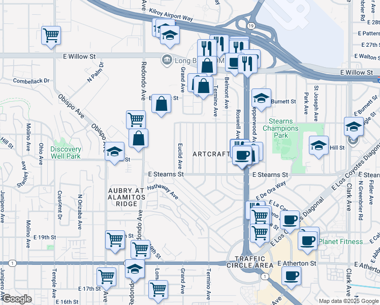 map of restaurants, bars, coffee shops, grocery stores, and more near 2241 Grand Avenue in Long Beach