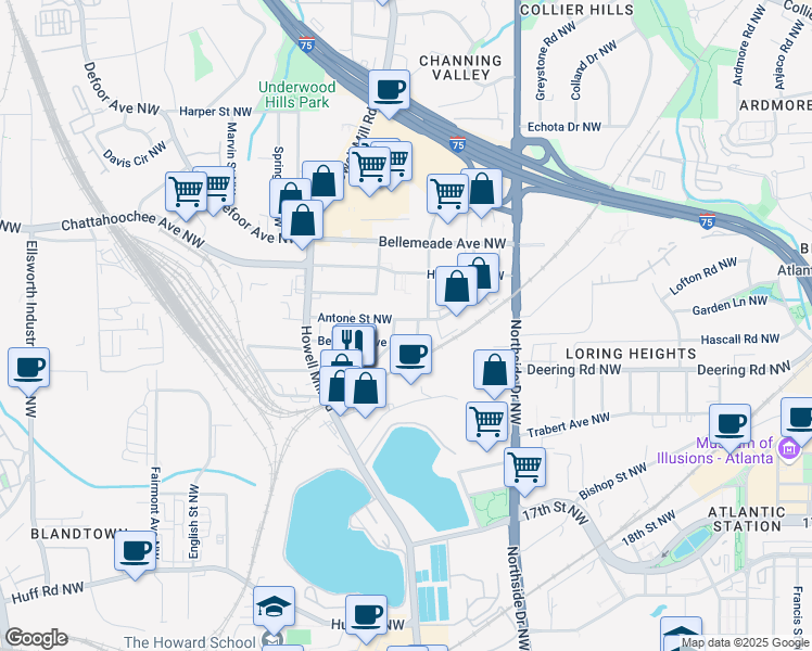 map of restaurants, bars, coffee shops, grocery stores, and more near 728 Antone Street Northwest in Atlanta