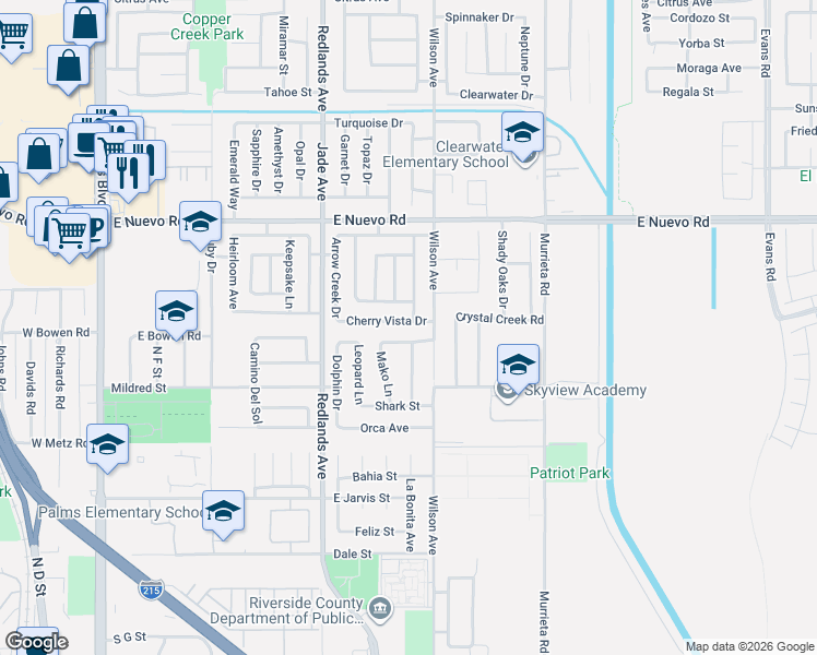 map of restaurants, bars, coffee shops, grocery stores, and more near 559 Cherry Vista Drive in Perris