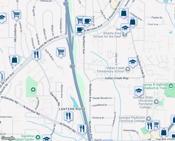 map of restaurants, bars, coffee shops, grocery stores, and more near 735 Northern Avenue in Clarkston