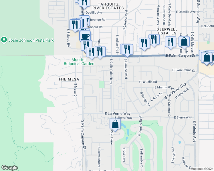 map of restaurants, bars, coffee shops, grocery stores, and more near 606 Bali Drive in Palm Springs