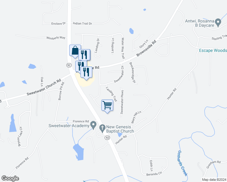 map of restaurants, bars, coffee shops, grocery stores, and more near 85 Landing Trail in Powder Springs