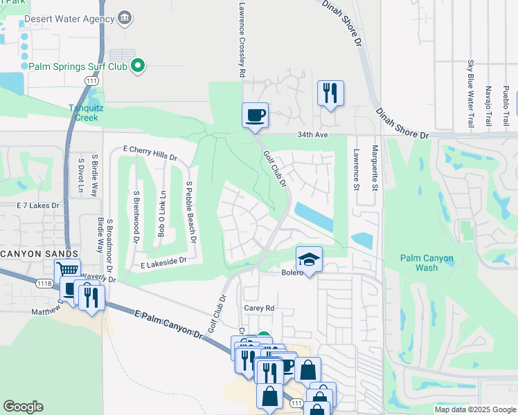 map of restaurants, bars, coffee shops, grocery stores, and more near 5798 Los Coyotes Drive in Palm Springs
