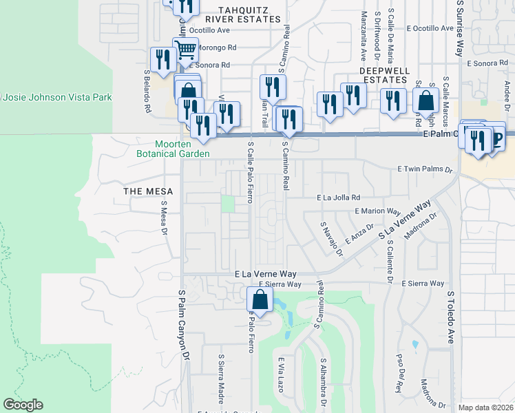map of restaurants, bars, coffee shops, grocery stores, and more near Caravan Street in Palm Springs
