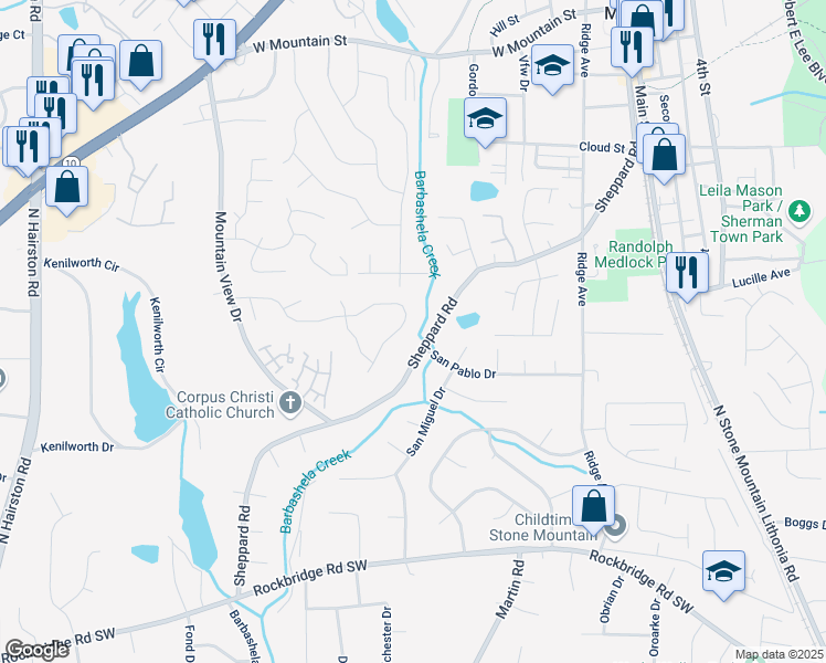 map of restaurants, bars, coffee shops, grocery stores, and more near 750 Sheppard Road in Stone Mountain