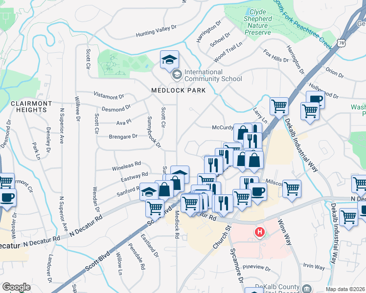 map of restaurants, bars, coffee shops, grocery stores, and more near 1212 McClelen Way in Decatur
