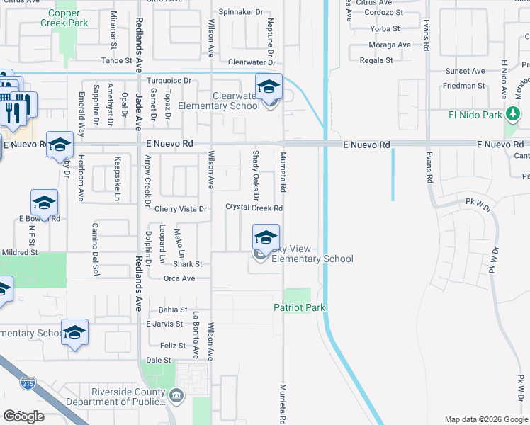 map of restaurants, bars, coffee shops, grocery stores, and more near 751 Crystal Creek Road in Perris